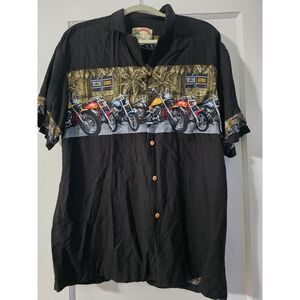 Vtg‎ Paradise Found Hawaiian Shirt Large Black Motorcycle Saloon Honolulu Biker